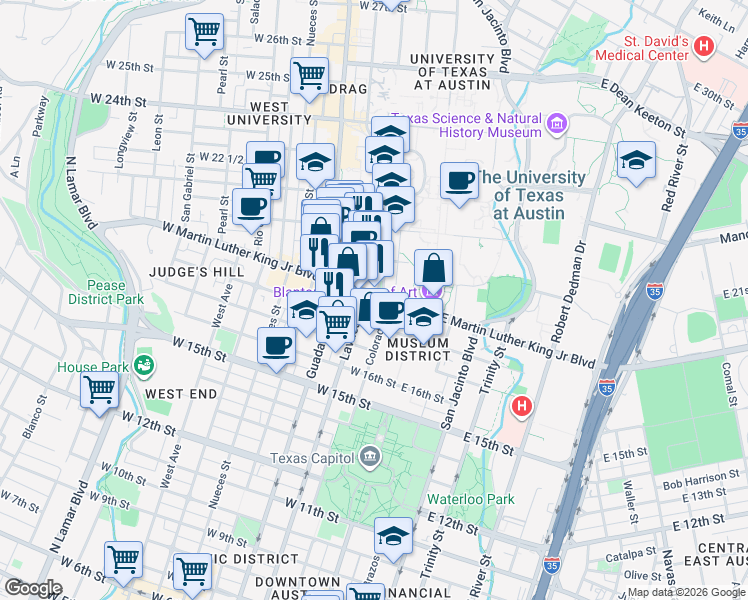 map of restaurants, bars, coffee shops, grocery stores, and more near in Austin
