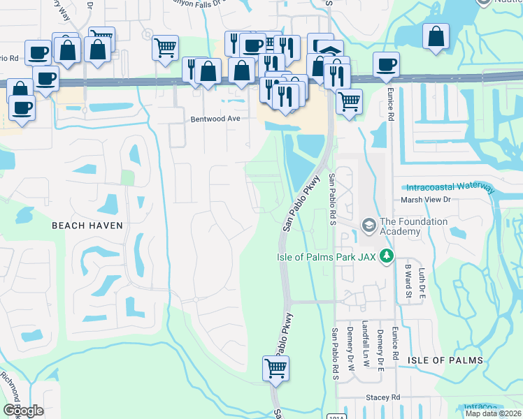 map of restaurants, bars, coffee shops, grocery stores, and more near 3579 Marsh Reserve Boulevard in Jacksonville