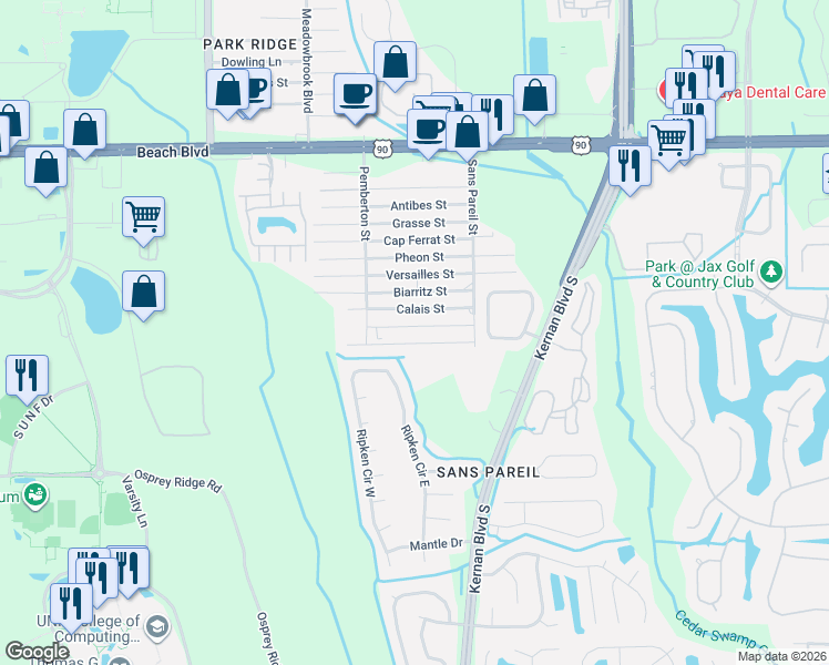 map of restaurants, bars, coffee shops, grocery stores, and more near 12180 Bayonne Street in Jacksonville