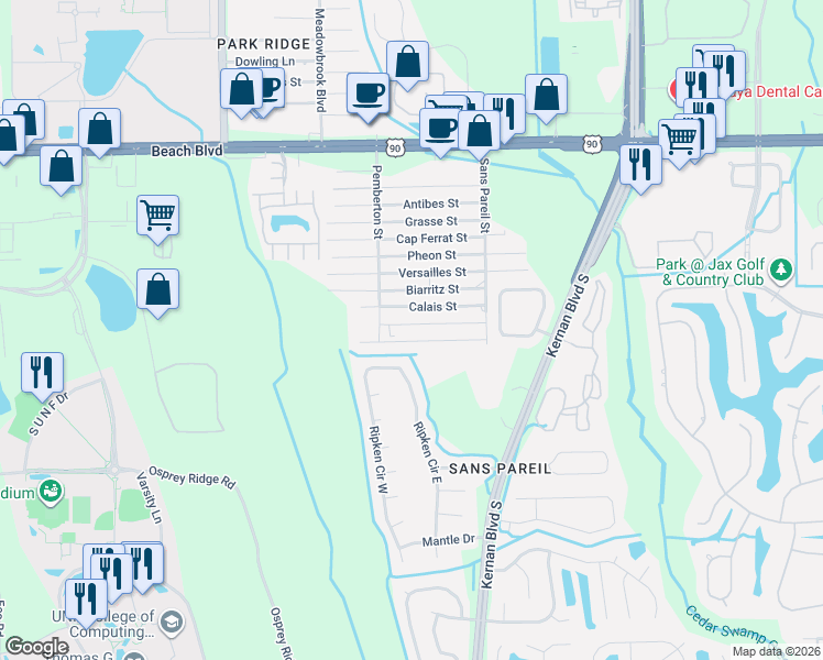 map of restaurants, bars, coffee shops, grocery stores, and more near 12132 Bayonne Street in Jacksonville