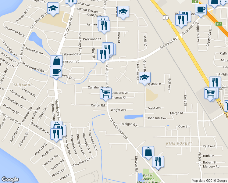 map of restaurants, bars, coffee shops, grocery stores, and more near 3957 Saint Augustine Road in Jacksonville