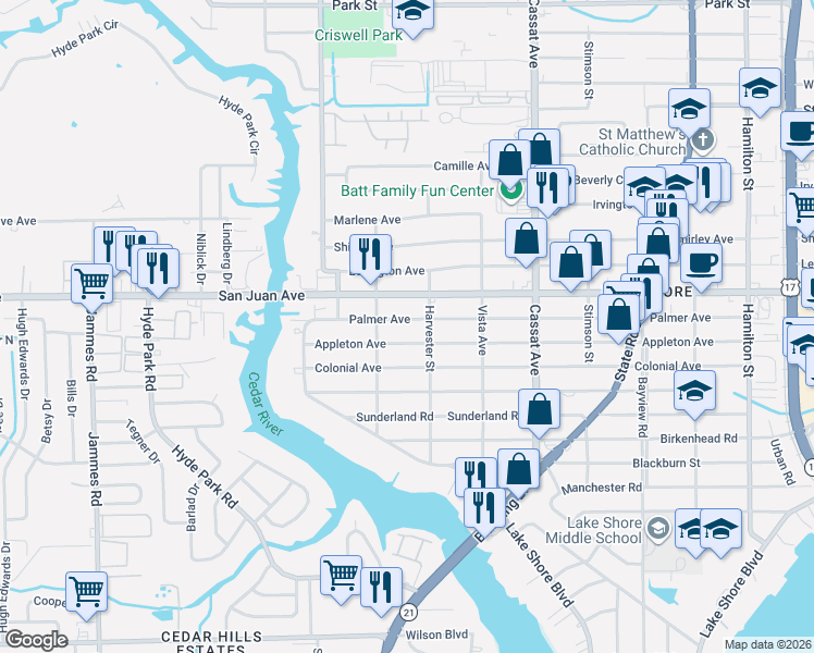 map of restaurants, bars, coffee shops, grocery stores, and more near 5217 Appleton Avenue in Jacksonville