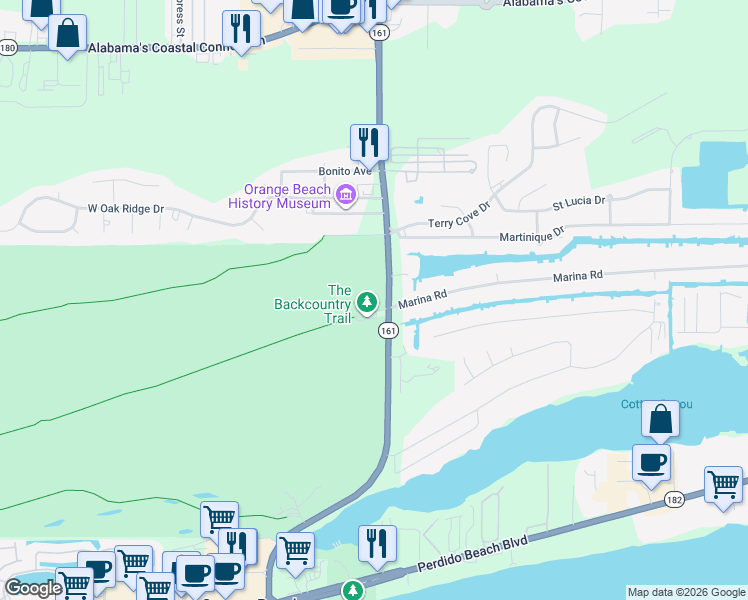 map of restaurants, bars, coffee shops, grocery stores, and more near 4780 Bay Circle in Orange Beach