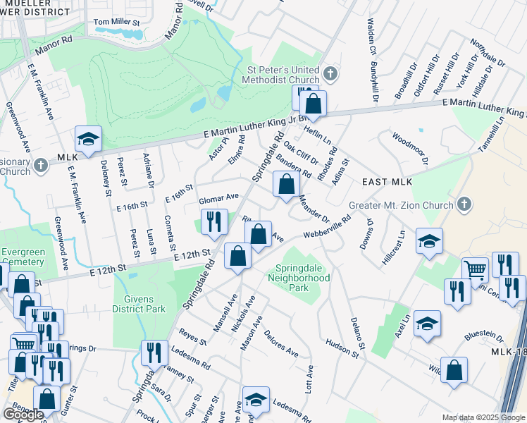 map of restaurants, bars, coffee shops, grocery stores, and more near 1400 Penny Street in Austin