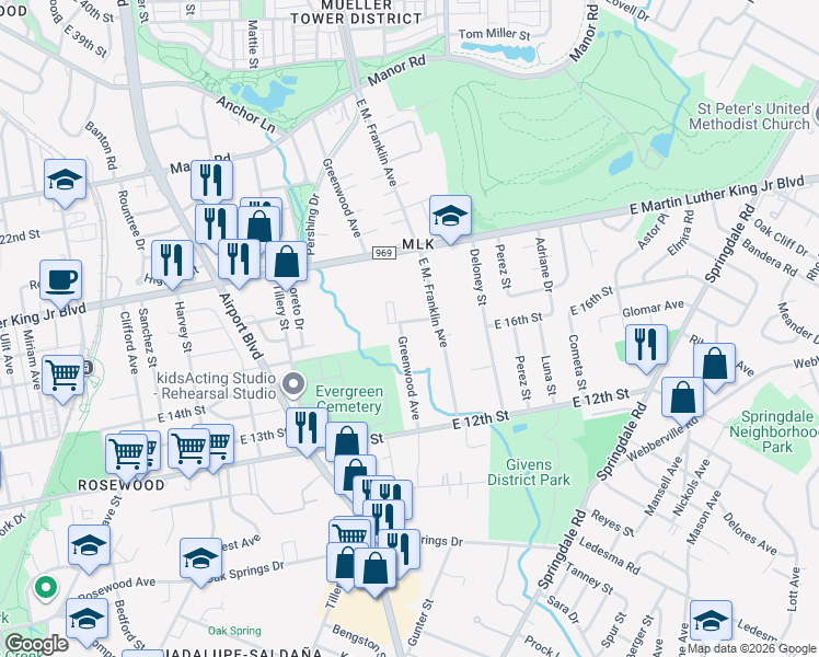 map of restaurants, bars, coffee shops, grocery stores, and more near 1603 Greenwood Avenue in Austin