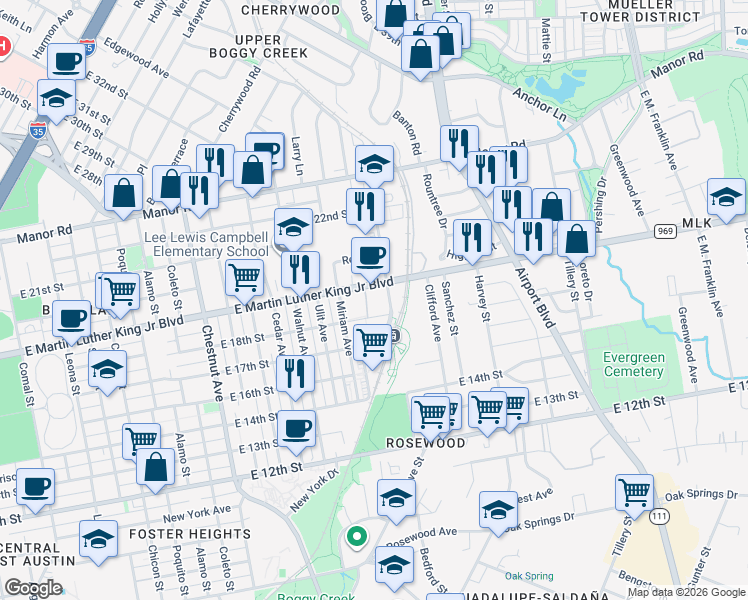 map of restaurants, bars, coffee shops, grocery stores, and more near 2823 East Martin Luther King Junior Boulevard in Austin
