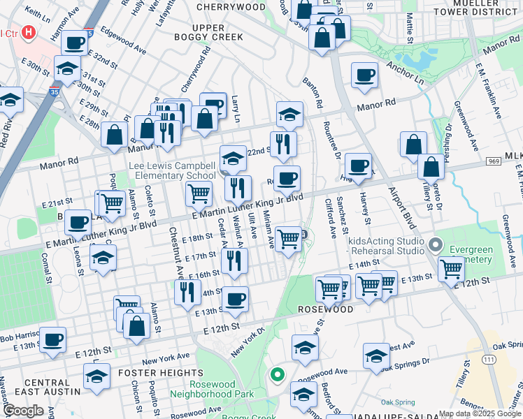 map of restaurants, bars, coffee shops, grocery stores, and more near 1802 Miriam Avenue in Austin