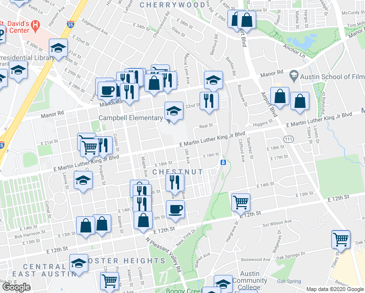 map of restaurants, bars, coffee shops, grocery stores, and more near 1807 Walnut Avenue in Austin