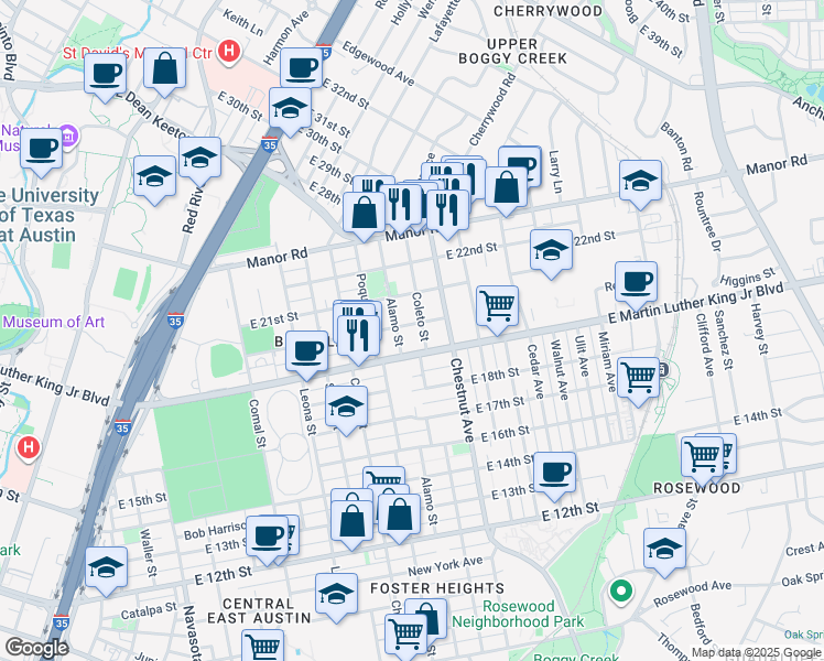 map of restaurants, bars, coffee shops, grocery stores, and more near 2102 East Martin Luther King Junior Boulevard in Austin