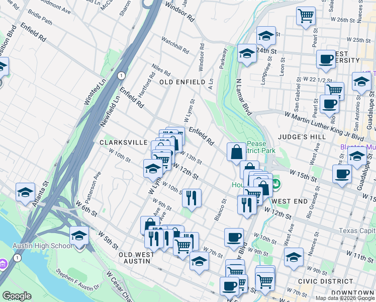 map of restaurants, bars, coffee shops, grocery stores, and more near 1200 Elm Street in Austin