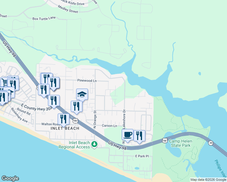 map of restaurants, bars, coffee shops, grocery stores, and more near 433 North Walton Lakeshore Drive in Panama City Beach