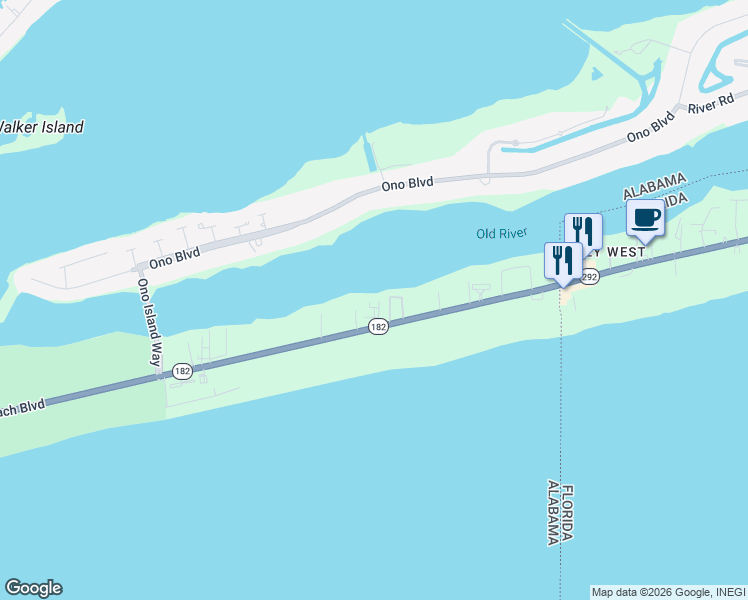 map of restaurants, bars, coffee shops, grocery stores, and more near 29233 Perdido Beach Boulevard in Orange Beach