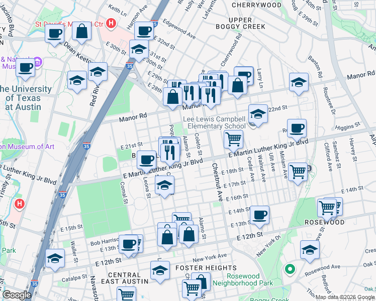 map of restaurants, bars, coffee shops, grocery stores, and more near 2102 East Martin Luther King Junior Boulevard in Austin