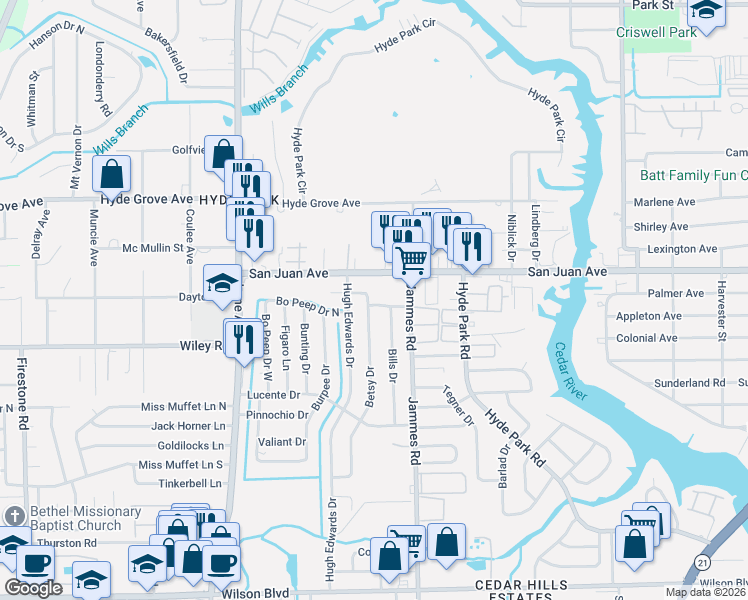 map of restaurants, bars, coffee shops, grocery stores, and more near 2046 Betsy Drive in Jacksonville