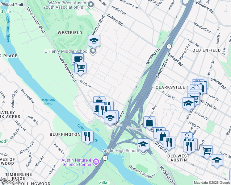 map of restaurants, bars, coffee shops, grocery stores, and more near 709 Upson Street in Austin
