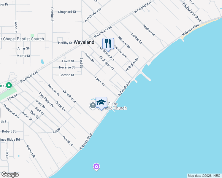 map of restaurants, bars, coffee shops, grocery stores, and more near 138 North Beach Boulevard in Waveland