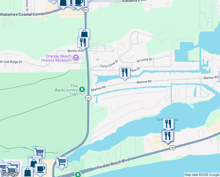 map of restaurants, bars, coffee shops, grocery stores, and more near 26193 Carondelette Drive in Orange Beach