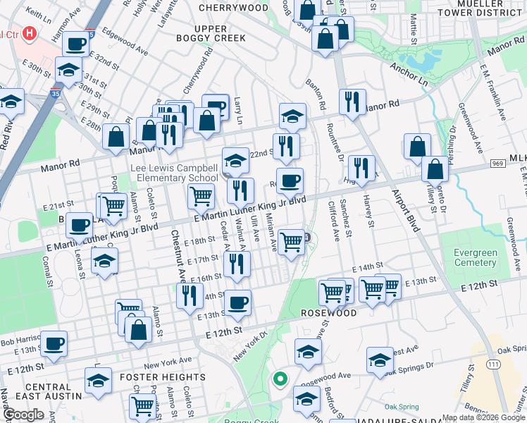 map of restaurants, bars, coffee shops, grocery stores, and more near 1802 Miriam Avenue in Austin