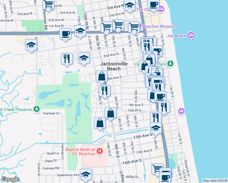 map of restaurants, bars, coffee shops, grocery stores, and more near 726 8th Street South in Jacksonville Beach
