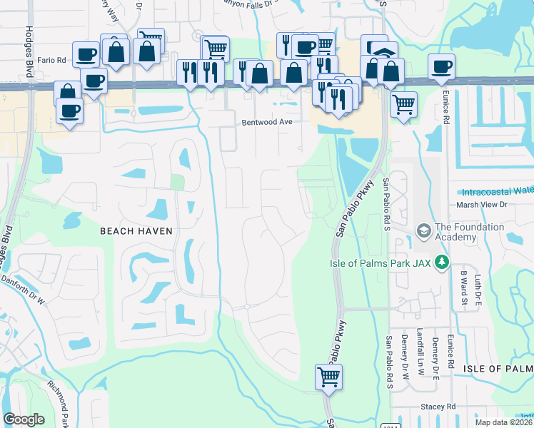 map of restaurants, bars, coffee shops, grocery stores, and more near 3641 Burnt Pine Drive in Jacksonville