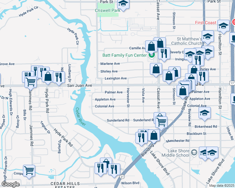 map of restaurants, bars, coffee shops, grocery stores, and more near 5242 Palmer Avenue in Jacksonville