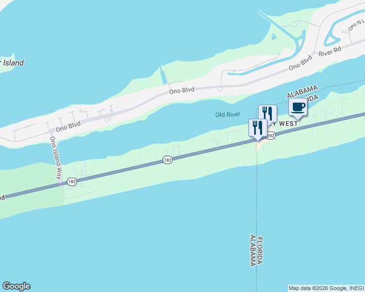 map of restaurants, bars, coffee shops, grocery stores, and more near River Run Road in Orange Beach