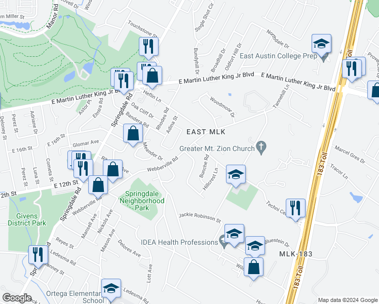 map of restaurants, bars, coffee shops, grocery stores, and more near 1615 Webberville Road in Austin