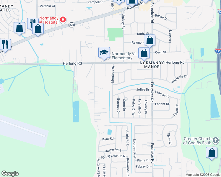 map of restaurants, bars, coffee shops, grocery stores, and more near 2104 Monteau Drive in Jacksonville