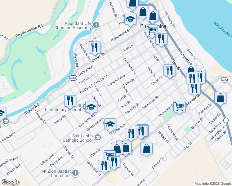 map of restaurants, bars, coffee shops, grocery stores, and more near 58360 Fort Street in Plaquemine