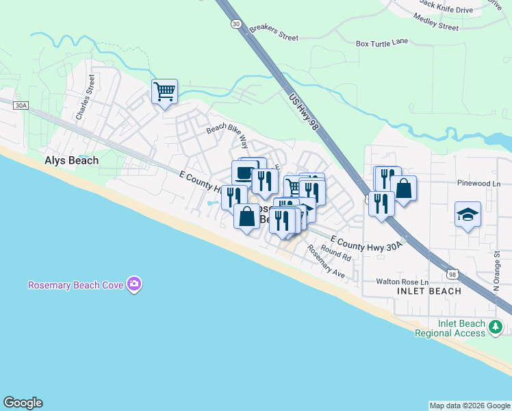 map of restaurants, bars, coffee shops, grocery stores, and more near 53 Geoff Wilder Lane in Rosemary Beach