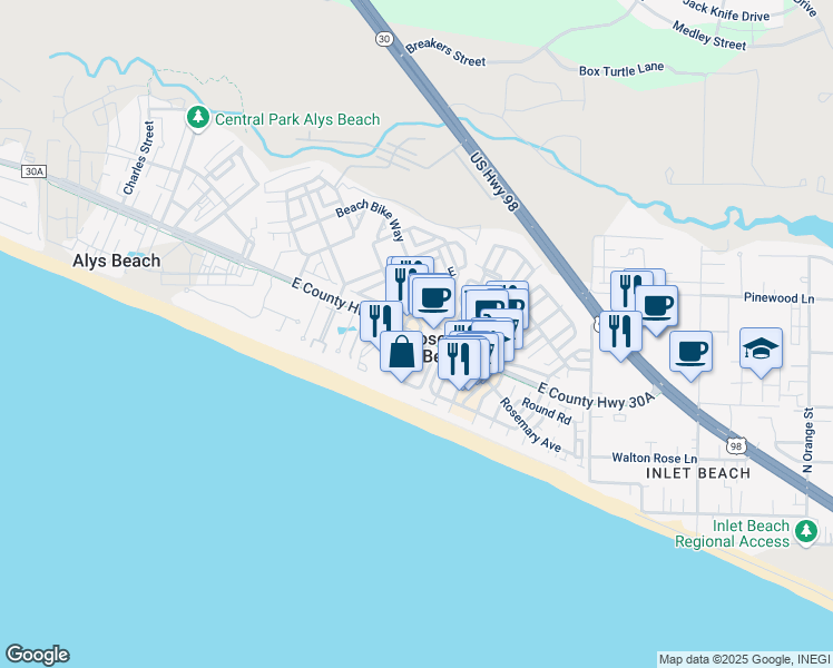map of restaurants, bars, coffee shops, grocery stores, and more near 53 Geoff Wilder Lane in Rosemary Beach