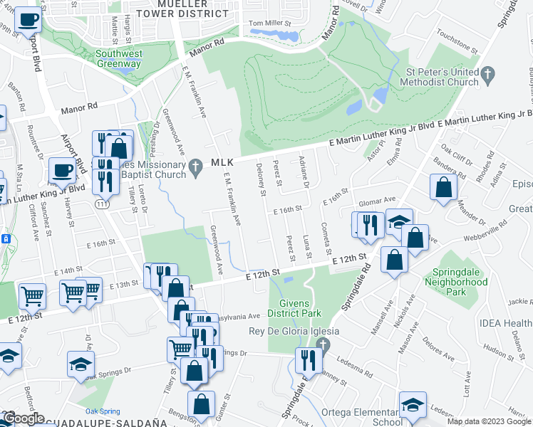 map of restaurants, bars, coffee shops, grocery stores, and more near E 16th St & Deloney St in Austin