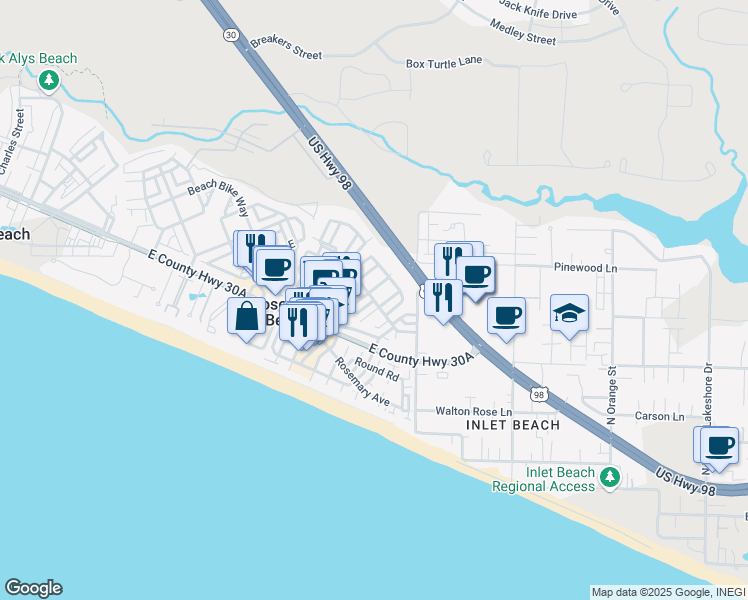 map of restaurants, bars, coffee shops, grocery stores, and more near 95 East Water Street in Panama City Beach