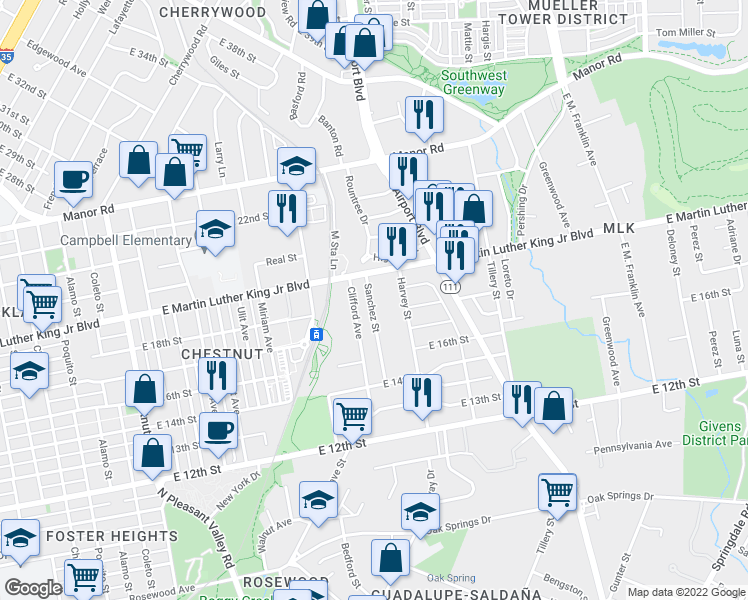 map of restaurants, bars, coffee shops, grocery stores, and more near 1711 Sanchez Street in Austin