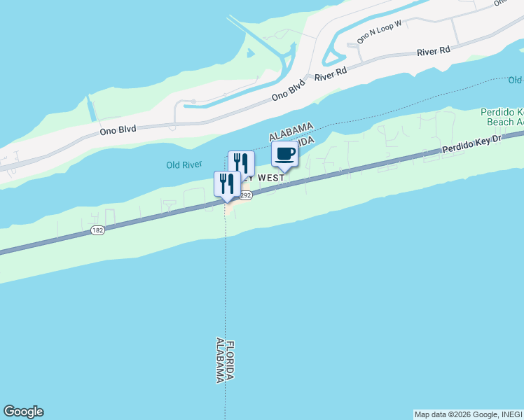 map of restaurants, bars, coffee shops, grocery stores, and more near 17351 Perdido Key Drive in Pensacola
