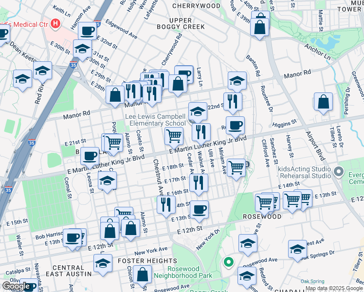 map of restaurants, bars, coffee shops, grocery stores, and more near 1815 Cedar Avenue in Austin
