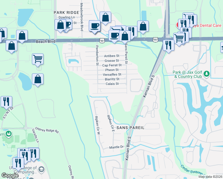 map of restaurants, bars, coffee shops, grocery stores, and more near 12180 Bayonne Street in Jacksonville
