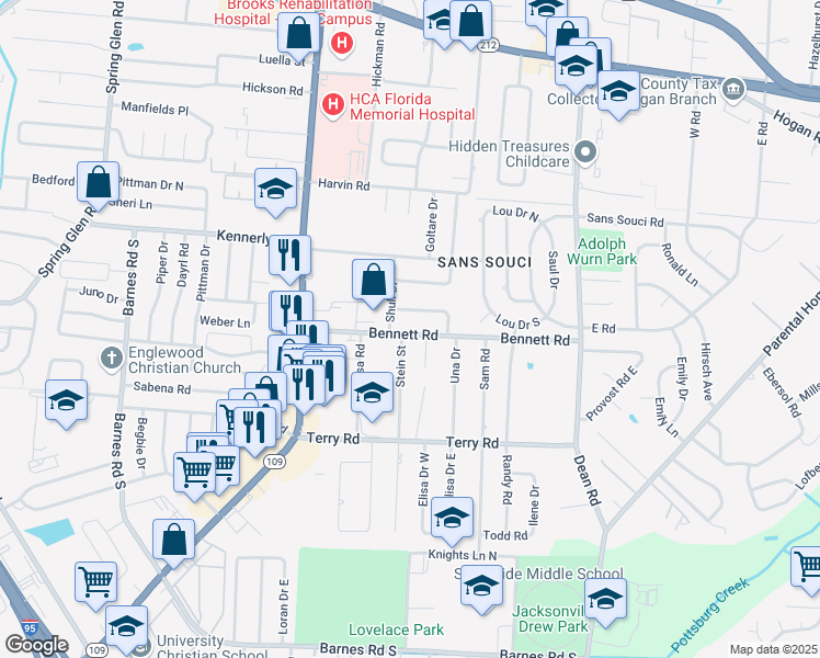 map of restaurants, bars, coffee shops, grocery stores, and more near 2413 Stein Street in Jacksonville