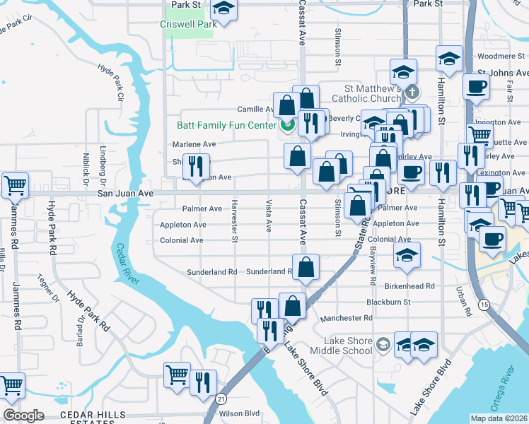 map of restaurants, bars, coffee shops, grocery stores, and more near 5051 Appleton Avenue in Jacksonville