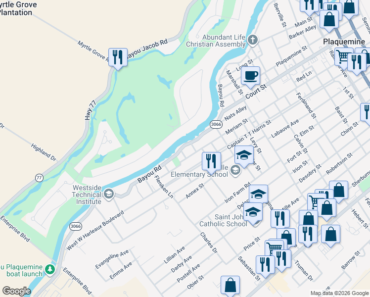 map of restaurants, bars, coffee shops, grocery stores, and more near 58756 Meriam Street in Plaquemine