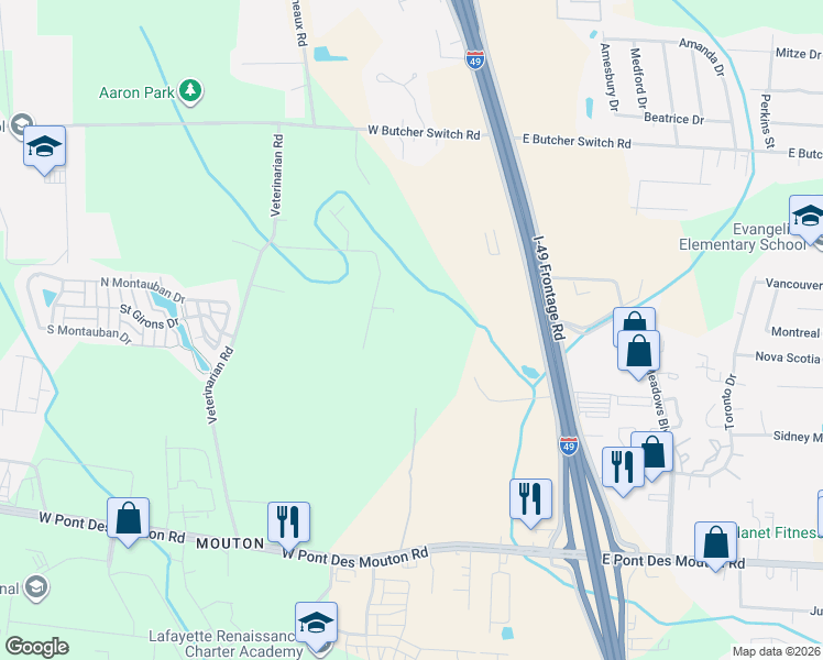 map of restaurants, bars, coffee shops, grocery stores, and more near 331 Coussan Road in Lafayette
