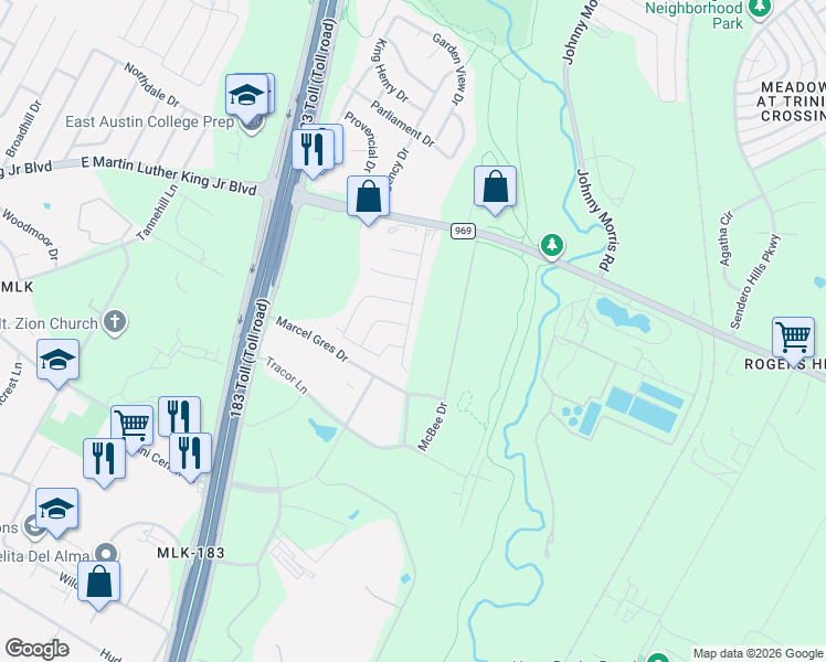 map of restaurants, bars, coffee shops, grocery stores, and more near 4515 Craigwood Drive in Austin