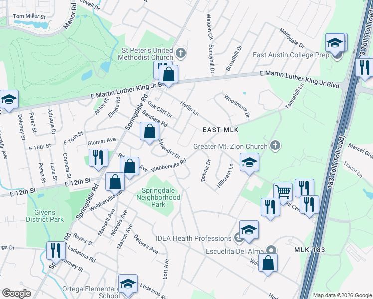 map of restaurants, bars, coffee shops, grocery stores, and more near 1603 Meander Drive in Austin