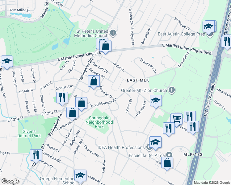 map of restaurants, bars, coffee shops, grocery stores, and more near 1603 Meander Drive in Austin