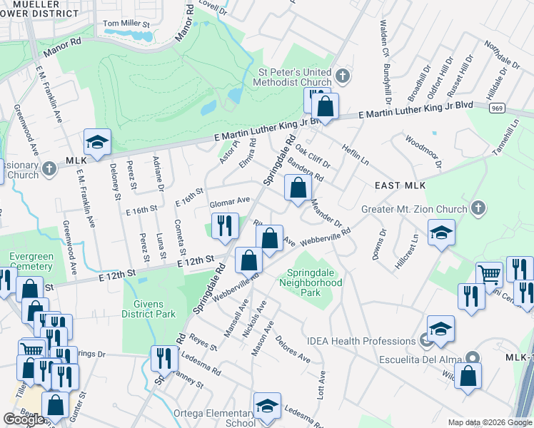 map of restaurants, bars, coffee shops, grocery stores, and more near 1400 Penny Street in Austin