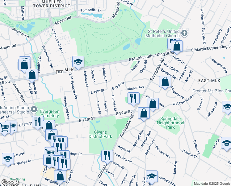 map of restaurants, bars, coffee shops, grocery stores, and more near 1400 Waldorf Avenue in Austin