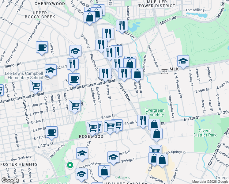 map of restaurants, bars, coffee shops, grocery stores, and more near 3014 East 17th Street in Austin