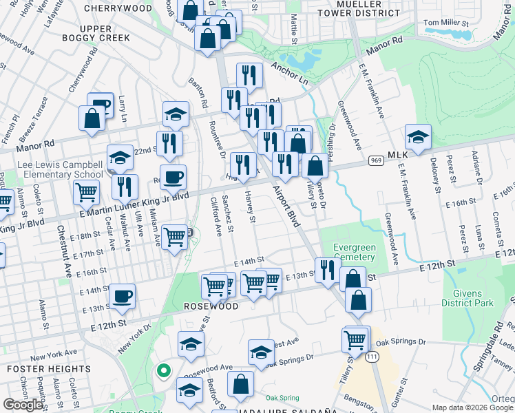 map of restaurants, bars, coffee shops, grocery stores, and more near 1704 Harvey Street in Austin