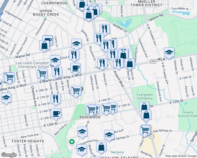 map of restaurants, bars, coffee shops, grocery stores, and more near 1706 Sanchez Street in Austin