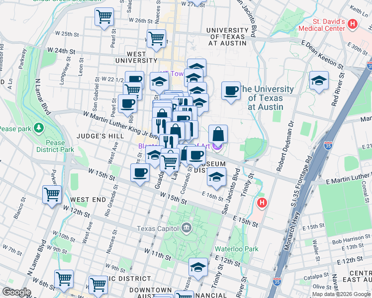 map of restaurants, bars, coffee shops, grocery stores, and more near in Austin